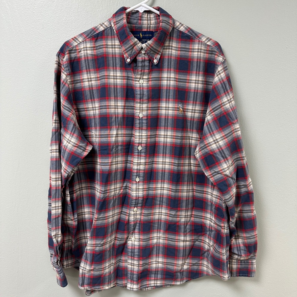 Polo Ralph Lauren Mens XL Classic Fit Plaid Button Down Shirt Navy Red Cotton‎